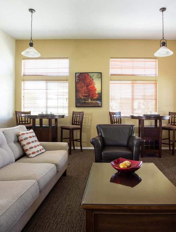 A living room with a grey couch, a coffee table, and a fireplace.