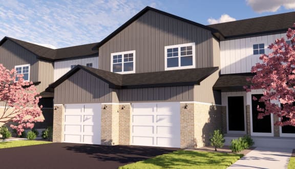 a rendering of a two story home with a two car garage