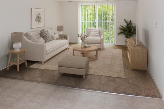 a living room with couches and chairs and a rug