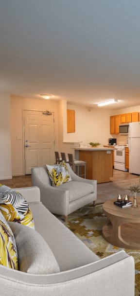 a living room with couches and a tv and a kitchen