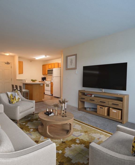a living room with couches and a tv and a kitchen