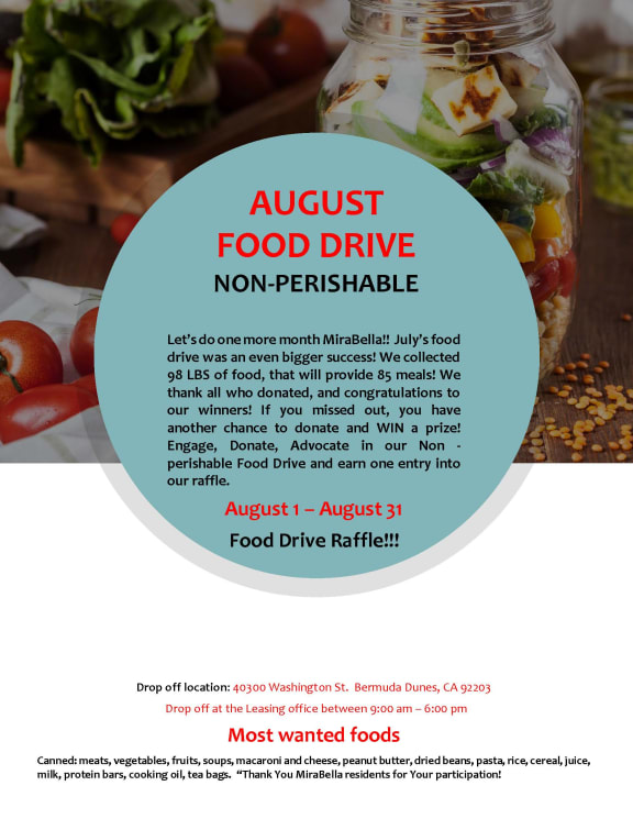 August 2022 Food Drive Flyer at Mirabella Apartments, California, 92203