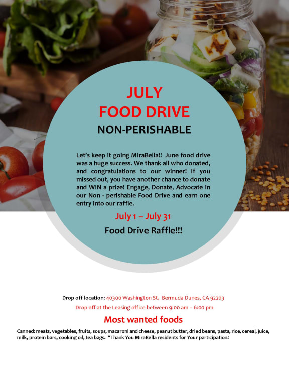 July 2022 Food Drive Flyer at Mirabella Apartments, Bermuda Dunes, CA