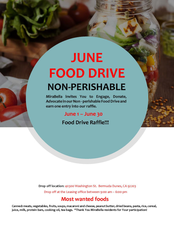 June 2022 Food Driver Flyer at Mirabella Apartments, Bermuda Dunes, California