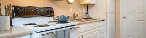 a kitchen with a stove and a sink and a refrigerator
