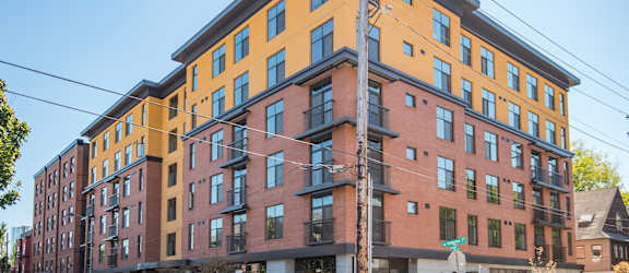 a building on the corner of a city street