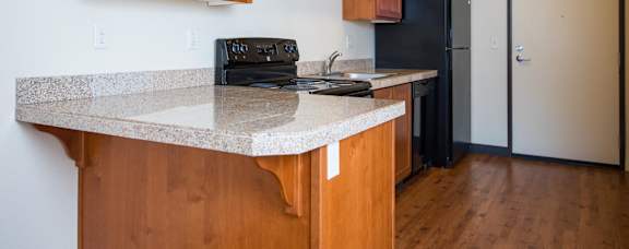 Apartment living area with wood-look flooring, kitchen and closet at 20 Pettygrove