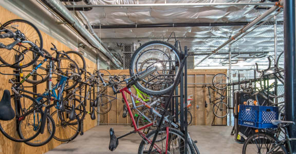 a group of bikes hanging on a rack in a bike shop