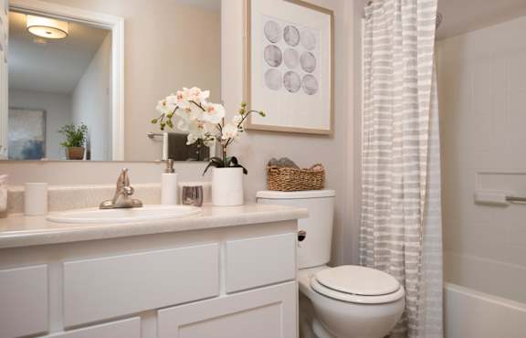 A white bathroom with a toilet, sink, and a flower vase.