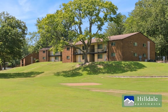 A large grassy field in front of a brick building with a tree in the middle.