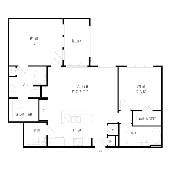 B1: 2 Bedroom, 2 Bathroom Apartment