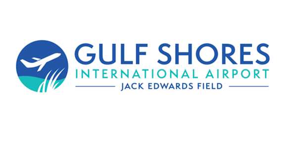 Gulf Shores International Airport logo with a plane and waves.
