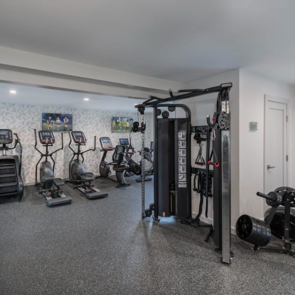 a home gym with weights and cardio equipment and a wall of wallpaper