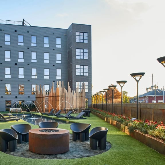 Courtyard Patio With Firepit at The Platform Apartments in Norwalk, CT