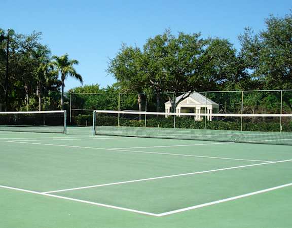 a tennis court with palm trees in the background at  Bridgewater Apartments , Florida 33716