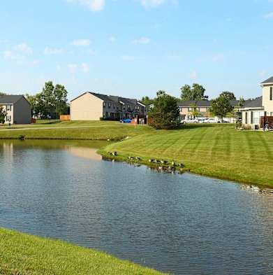 A pond in front of a building with a grassy area around it.