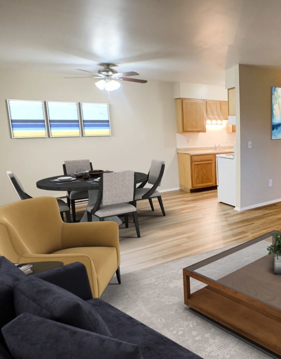 a living room with a couch and a coffee table at Crown Ridge Apartments, Franklin, 45005