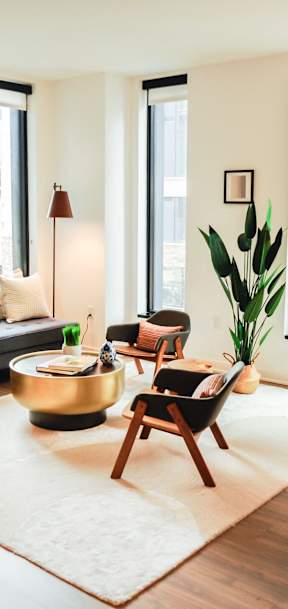 a living room with a couch and chairs and a rug