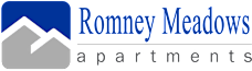 A logo for Romney Meadows Apartments with a mountain icon.