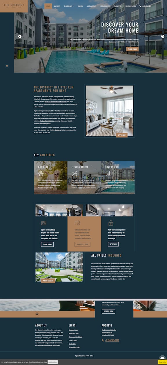 A webpage showcasing a residential building with a pool and various amenities.