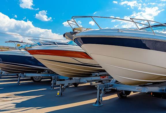 A row of boats are parked on trailers in a sunny lot.