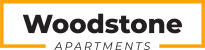 a logo for woodland apartments with the word wooddowntown on a green background