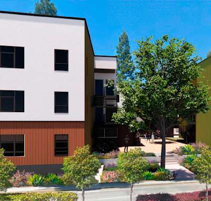A modern building with a green tree in front.