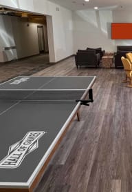 a common room with a ping pong table and couches