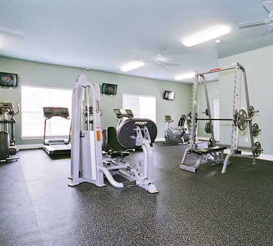 A gym with a variety of equipment including weights and a bench press.