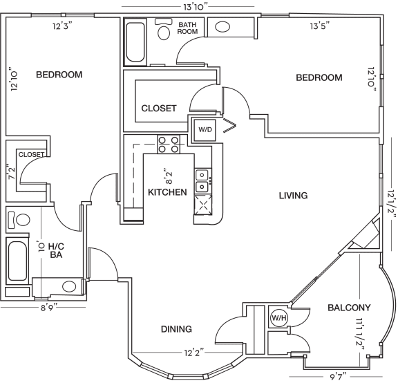 Two Bedroom Two Bathroom Floor Plan at Toluca Court, Toluca Lake, CA, 91602