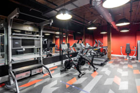 A gym with a variety of equipment including treadmills, weights, and exercise machines. at Montgomery Mill Apartments in Windsor Locks, CT
