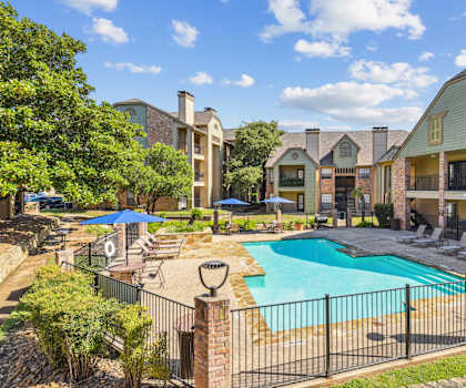 Resort-style pool at Bandera Crossing apartments in San Antonio, TX