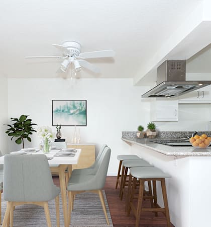 Dining table by kitchen at Township Eastside, Portland, OR, 06489