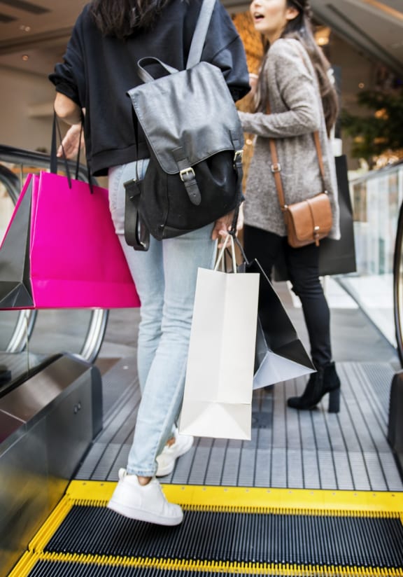 two women on an escalator carrying shopping bags