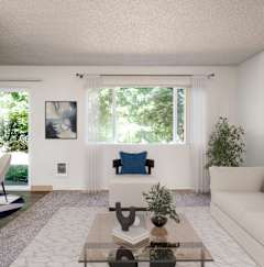 a living room with a white couch and a coffee table