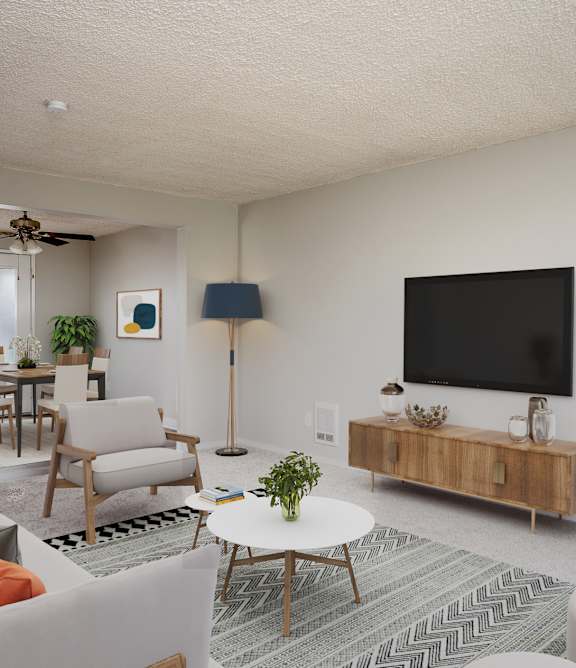 a living room with a dining room table and chairs and a patio