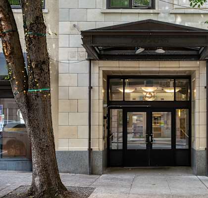 the entrance of a building with a black door and a tree
