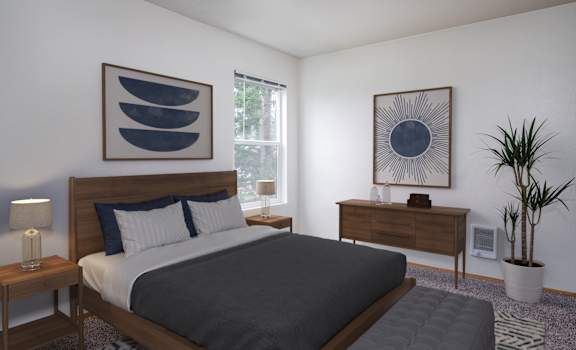 A bedroom with a large bed, a nightstand, and a plant.