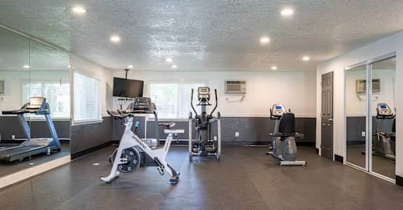 A gym with treadmills, exercise bikes and other equipment.