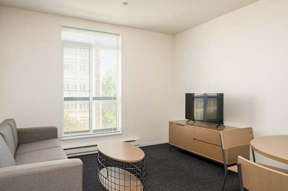 A living room with a grey sofa, a wooden coffee table, a television and a window.