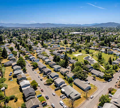 an aerial view of a neighborhood of houses