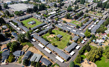 A bird's eye view of a residential area with houses and a park.