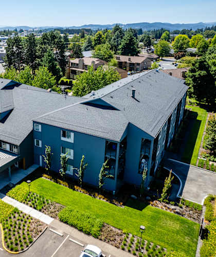 a blue house with a gray roof and a green lawn