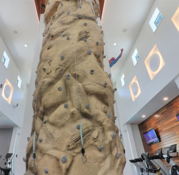 a large rock climbing wall in the lobby of a building