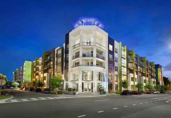 exterior night view of Lumi Hyde Park in Tampa, FL