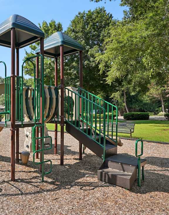 a playground with two slides and a ladder in a wooded area at Dunwoody Pointe in Sandy Springs, GA