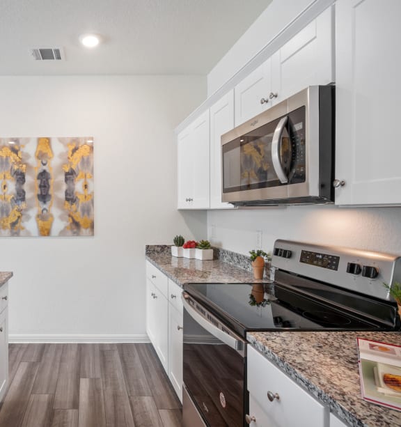 a kitchen with granite countertops and white cabinets at Beacon at Ashley River Landing, Summerville, South Carolina