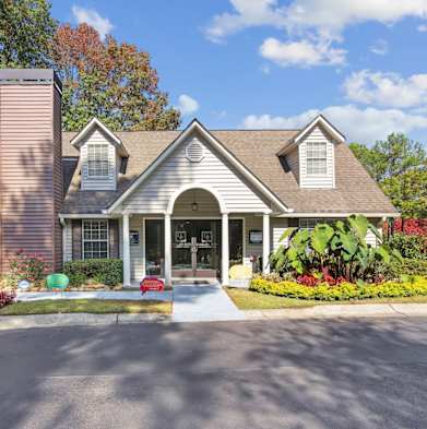 Front exterior of his leasing office at Oakley Run apartments in Smyrna, GA