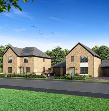 A row of houses with a car parked in front of the first one.