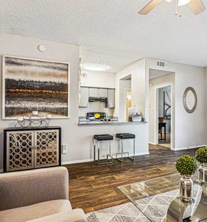 Spacious living room at Laurels of Sendera apartments in Arlington, TX